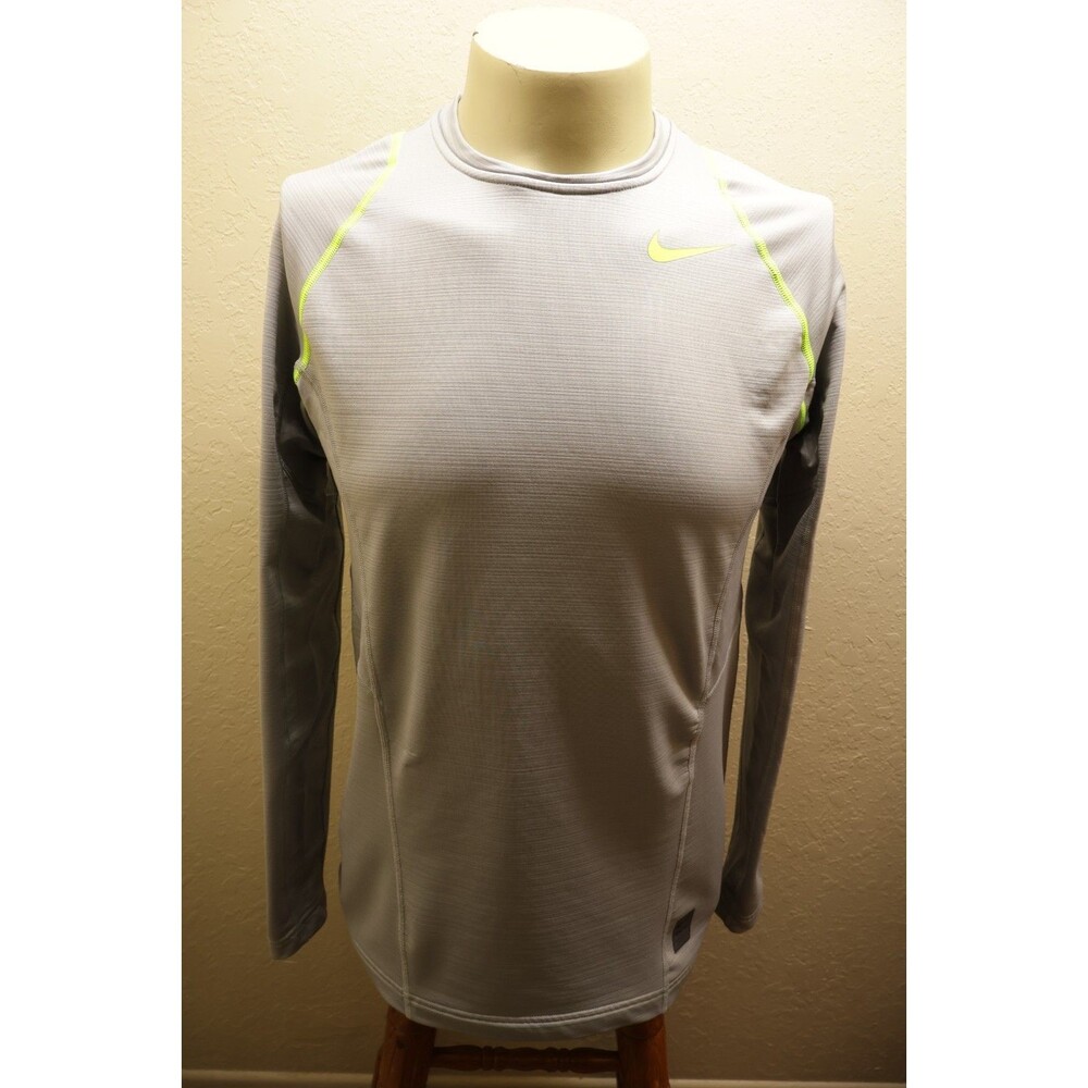Nike Pro Hyperwarm Mens T Shirt M Gray Crew Neck Long Sleeve Breathable Logo